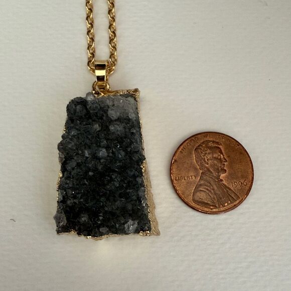 Men’s Black Druzy Quartz Pendant Necklace, Rough Crystal Nugget with Gilded Edge - Picture 5 of 8